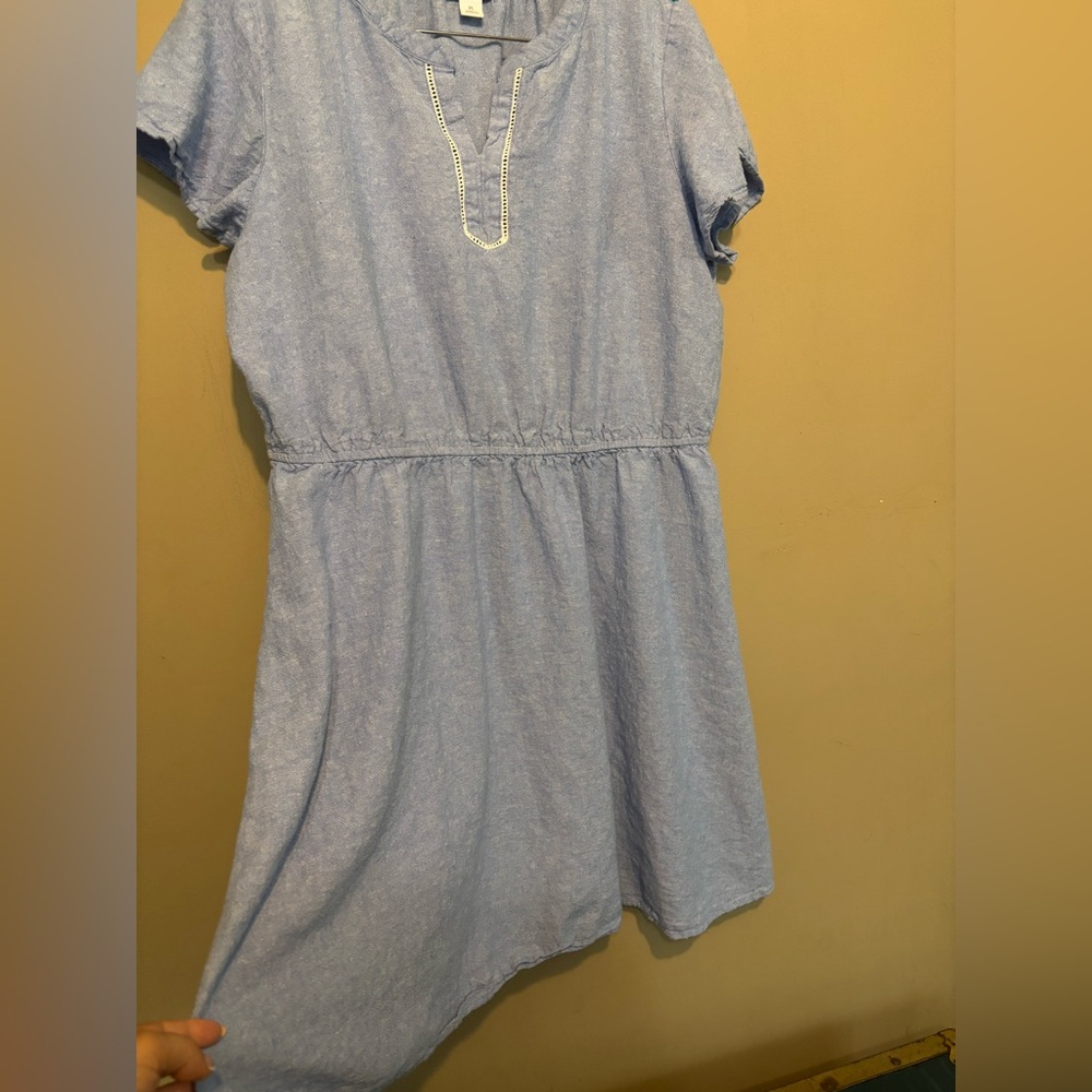 LIZ CLAIBORNE Linen Blend Denim Blue V-Neck Dress, w/Neck Embellishment - Picture 6 of 7